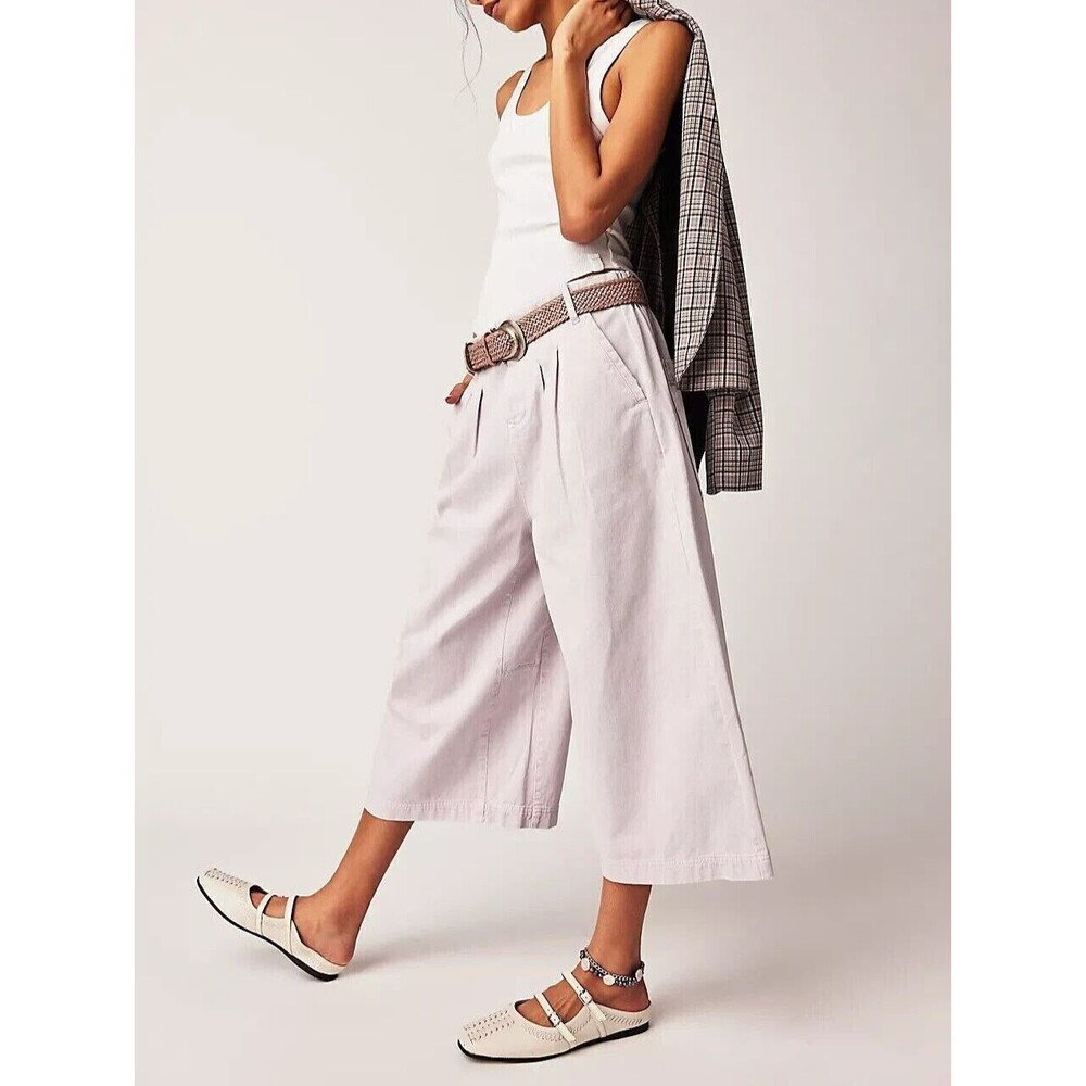 Free People Hard Rain Gaucho Pants Cropped Lavender Wide-Leg Cotton S-4 286785 - Picture 2 of 9